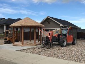 Gazebo construction in process image, showing bare bones frame construction.